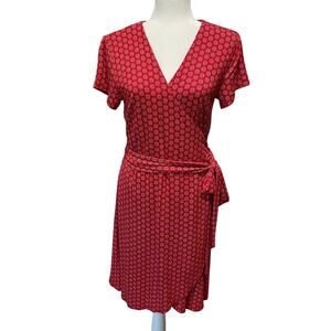 Loft True Wrap Dress NEW Sz 10 Red White Medallion Print Short Sleeves Career